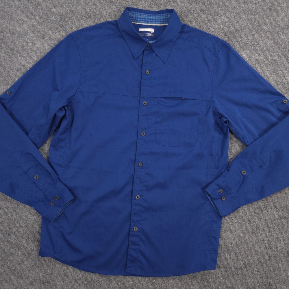 Marmot Goat Peak Shirt Mens S Blue Performance Outdoor Roll Tab Long Sleeve UPF